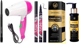Crynn Smudge Proof Essential Makeup HD5 Beauty Kajal & Rosedale 2 Speed Foldable Saloon Hair Dryer & Yanqina 36H Deep Black Liquid Eyeliner & Activated Charcoal Skin Science Deep Charcoal Face Wash