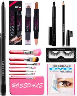 Crynn Smudge Proof Essential Makeup HD12 Beauty Kajal & Rosedale Professional Set of 7 Makeup Brush & Kiss Beauty Concealer Highlighter & Contour Stick & Yanqina 36HH Deep Black Eyeliner & Black Eyebrow Pencil