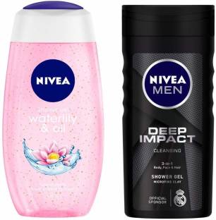 NIVEA Shower Gel, Water Lily & Oil Body Wash, Women, 250ml And Men Shower Gel, Deep Impact Cleansing Body Wash, Men, 250ml
