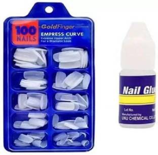 Mastadi 100 Pcs Reusable Acrylic False Nails With Nail Glue For Women's & Girls White (Pack of 100) WITH DIFFERENT SHAPES AND STYLES WHITE