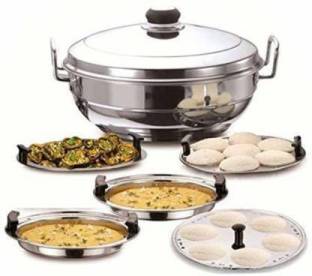 YASHODEEP PLASTIC Stainless Steel Induction Bottom (Encapsulated Bottom) Induction & Gas Stove Friendly Multi Utility Kadhai Set with Lid and 5 Plates Induction & Standard Idli Maker