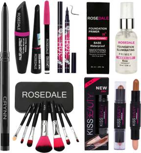 Crynn Smudge Proof Essentials Makeup HD17 Beauty Kajal & Concealer Highlighter Contour Stick & Yanqina 36H Deep Black Eyeliner & 3in1 Eyeliner , Mascara , Eyebrow Pencil &Set of 7 Brush & Mist Illuminating Glam Foundation Primer