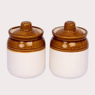 Lyallpur Stores Pickle Jar Set Of 2 Barni, Ceramic Handcrafted Storage Container, Mini Achar Barni For Dry Fruits, Spices, Pickle, Chutney, Mishree-Shauf Etc. (Dinning Table Decor)  - 250 ml Ceramic Pickle Jar