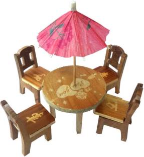 Trinkets & More Cute Wooden Miniature Dinning Table Furniture Doll House Mini Dining Room Table Chairs Umbrella Set Role Play Toy for Kids 3+ Years