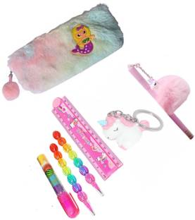 13House Kids (Pack of 7) Unicorn horn fur pouch with Unicorn Pom Pom Pen for girls With Stationary/Fancy Pen eraser/Uniicorn 3d Key chain/Key ring/Foldable Scale/Pearl moti pencil for kids /School Stationary Set