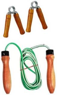 Woody PRO Wooden Jump Skipping Rope ( Green ) &1 PAIR WOODEN HAND GRIP COMBO Home Gym Freestyle Skipping Rope