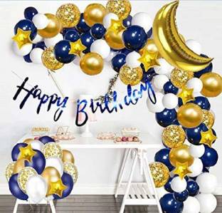 SV Traders Happy Birthday Decoration Royal Blue Decoration Combo Kit Of 76-Blue Cursive HBD Banner(13)+Foil 32" Golden Moon(1)+Foil Golden 5"Star(7)+Golden Confetti Balloons(5)+Metallic Balloons Blue(20)+White(20)+Golden(10)