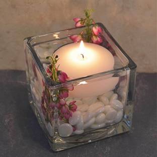 Leafy Dew 3 Inch Square Glass Tealight Holder with pebbles and Tealight Candles Centerpiece Glass 1 - Cup Candle Holder