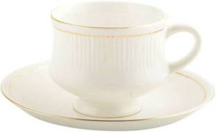 love unlimited Pack of 12 Bone China Golden Line Tableware Bone China Tea Coffee Cup Saucer Set - 12 Pcs, White