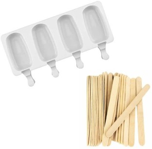Mirenlife 4 Cavities Mini Silicone Ice Pop Molds Homemade Ice Cream Bar Mold Popsicle Molds DIY Ice Cream Maker with 100 Wooden Sticks Oval Set of 2 