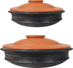 earthen fine crafts combo Hand made earthen pottery 1,3 liter black with lid/clay handi/kadhai/ meen chatti (black 1,3,liter,pre-seasoned ) Handi 1 L, 3 L with Lid