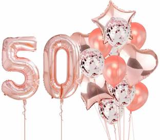 Flipkart Com Poptheparty Printed Rose Gold 50 Balloon For 50th Birthday Large Pack Of 16 Rose Gold Confetti Star And Heart Foil Balloon Bouquet For Party Decoration Great For 50th