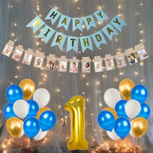 Wisdom Decor Solid 1st Birthday Decoration For Baby Boy With Warm Led Light  Set Happy Birthday Banner, 1-12 Month Milestone Banner, Number 1 Foil  Balloon And HD Metallic Balloons Combo-34Pcs. Price in