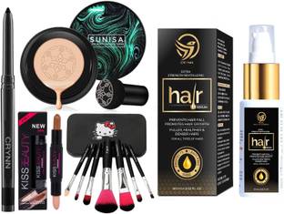 Crynn Smudge Proof Waterproof Long Lasting Kajal & Sunisa Rosedale Korean Mushroom Air Cushion CC Cream Foundation & Kiss Beauty Highlighter & Contour Stick & Professional Set of 7 Makeup Brush & Broad Spectrum Extra Strength Revitalising Hair Serum