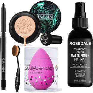 Crynn Smudge Proof Waterproof Long Lasting Kajal & Korean Mushroom Air Cushion CC Cream Foundation & Powdered Blender Sponge Puff & Oval Foundation Makeup Brush & The Matte Fixer Face Setting Spray