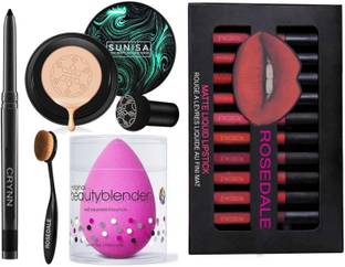 Crynn Smudge Proof Waterproof Long Lasting Kajal & Korean Mushroom Air Cushion CC Cream Foundation & Powdered Blender Sponge Puff & Oval Foundation Makeup Brush & Valentines Catsuit Edition 12 Liquid Matte Lipstick