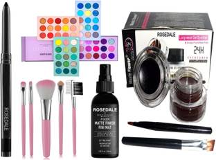 Crynn Smudge Proof Waterproof Long Lasting Rosedale Kajal & Beauty Glazed Color Board 60 Shades Eyeshadow Palette & Professional Set of 5 Makeup Brush & The Matte Fixer Face Spray & Music flower Black & Brown Gel Eyeliner