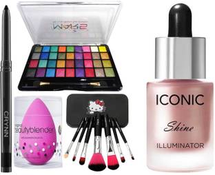 Crynn Smudge Proof Waterproof Rosedale Kajal & Professional Set of 7 Makeup Brush & Mars 36 Velvet Eyeshadow Palette & Powdered Blender Sponge Puff & Professional Iconic Shine Illuminator Highlighter