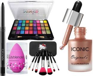 Crynn Smudge Proof Waterproof Rosedale Kajal & Professional Set of 7 Makeup Brush & Mars 36 Velvet Eyeshadow Palette & Powdered Blender Sponge Puff & Professional Iconic Original's Illuminator Highlighter