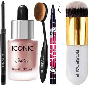 Crynn Smudge Proof Waterproof a Kajal & Yanqina 36H Deep Black Precision Eyeliner & Studio Professional Iconic Shine Illuminator Highlighter & Oval Perfect Foundation Concealer Blusher Eyeshadow Brush & Round Perfect Foundation Makeup Brush