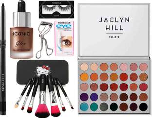 Crynn Smudge Proof Waterproof Rosedale Kajal & Studio Professional Iconic Glow Illuminator Highlighter & Professional 7 Makeup Brush Set & Faklse Eyelash Pair, Glue & Jaclyn Hill Glazed Eyeshadow Palette