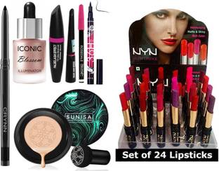 Crynn Smudge Proof Waterproof Kajal & Highlighter & Foundation & 3in1 Eyeliner Mascara Eyebrow Pencil & Black Eyeliner & Moisturising Matte Lipstick
