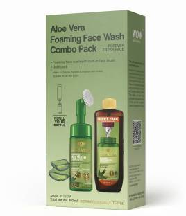 WOW SKIN SCIENCE Aloe Vera Foaming  Save Earth Combo Pack- Consist of Foaming  with Built-In Brush & Refill Pack - No Parabens, Sulphate, Silicones & Color - Net Vol. 350mL Face Wash