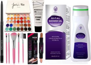 Crynn Smudge Proof Rosedale Kajal & Jaclyn Hill Glazed Eyeshadow Palette & Professional Set of 5 Makeup Brush & Kiss Beauty Highlighter & Contour Stick & Illuminating Face Primer & Do It All Hair Face Body Shower Gel Wash