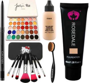 Crynn Smudge Proof Rosedale Kajal & Jaclyn Hill Glazed Eyeshadow Palette & Studio Fit Focus Foundation & Professional Set of 7 Makeup Brush & Oval Makeup Brush & Studio Fit Focus Foundation