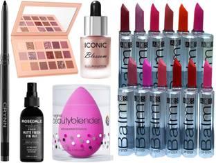 Crynn Smudge Proof Rosedale Kajal & Icon Blushed Velvet Eyeshadow Palette & Iconic Blossom Illuminator Highlighter & The Matte Fixer Face Spray & Beauty Blender Sponge Puff & ADS 12 Balm Moisturising Matte Lipsticks