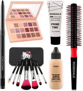 Crynn Smudge Proof Rosedale Kajal & Studio Professional 7 Makeup Brush & Fit Focus Foundation & Primer & Professional Hair Styling Brush