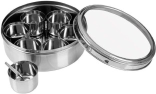 Stainless Steel Belly Shape Masala Box/Dabba/Organiser Lid with 7 Containers 