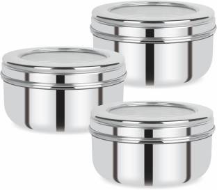 Renberg Stainless Steel Puri Canister Set of 3, 300ml, Sliver (RBIN-6090)  – 300 ml Steel Utility Container  (Pack of 3, Silver)