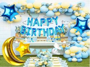 SV Traders Solid Happy Birthday Decoration Combo Kit Of 109 Pcs-Blue Foil HBD(13)+Golden Foil Moon 30 Inches(1)+Blue Foil 18 Inches Stars(2)+Golden Foil Star 18 Inches(1)+Pastel Balloons Blue(45)+Yellow(45)+Balloon Glue Dots 100(1)+Balloon Arch(1) Balloon