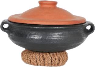 earthen fine crafts hand made earthen pot/clay pot/curry pot/meen chatti with lid(black 1L) Handi 1 L with Lid