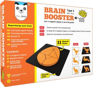 PLAY PANDA Brain Booster Type 3 - 56 puzzles designed to boost intelligence with Magnetic shapes, Magnetic board, Puzzle book and Solution book Educational Board Games Board Game