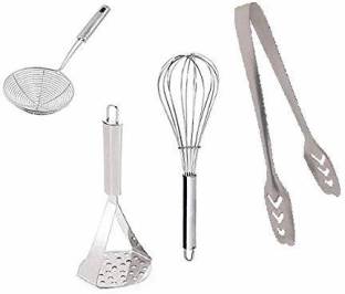Super HK Combo of Stainless , Egg Whisker, Deep Fry Strainer and Momo's Tong Set of 4pcs Combo of Stainless Steel Potato Masher, Egg Whisker, Deep Fry Strainer and Momo's Tong Set of 4pcs Silver Kitchen Tool Set