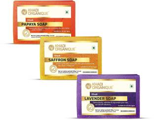khadi ORGANIQUE Pure Saffron 1, Papaya 1 And Lavender 1 Soap Combo With Natural Ingredients ( Pack of 3 ), 3X125gms