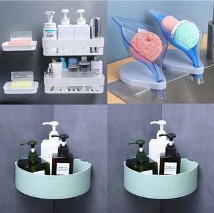 HXOSET Pack of 8 Self Adhesive Bathroom and Kitchen Shelf, Corner Bathroom Rack, Soap Holder and bathroom corner rack (2 bathroom shlves& 2 corner & 2 soap dish & 2 leaf shop)(multicolour)