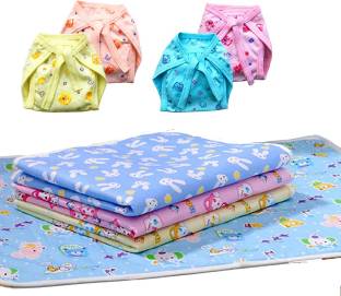 Bigbought Baby Care Combo Pack Of Nappy (Langot) (4 Piece) (Hosiery Fabric) And Cotton, Plastic, Microfiber Baby Bed Protecting Mat (Multicolor, Medium Pack 4)