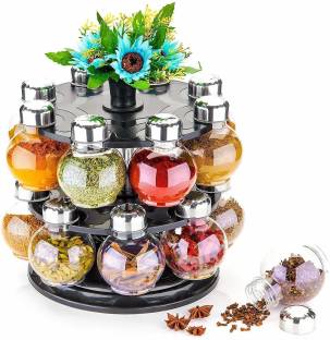 STARKENDY Revolving Spice Rack Masala Rack Spice Box Masala Box Masala Container (1 Stand,16 Plastic Bottles With Steel Cap) Set Of 16 Piece Condiment Set (Plastic) 16 Piece Spice Set 1 Piece Spice Set