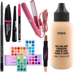 Crynn Smudge Proof Rosedale Kajal & Pro Ultra Saloon Professional Hair Straightener & 3in1 Eyeliner Mascara Eyebrow Pencil & Kiss Beauty Highlighter & Contour Stick & Beauty Glazed Color Board Eyeshadow Palette & Studio Fit Focus Glow Foundation