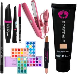 Crynn Smudge Proof Rosedale Kajal & Pro Ultra Saloon Professional Hair Straightener & 3in1 Eyeliner Mascara Eyebrow Pencil & Kiss Beauty Highlighter & Contour Stick & Beauty Glazed Color Board Eyeshadow Palette & Studio Fit Focus Foundation