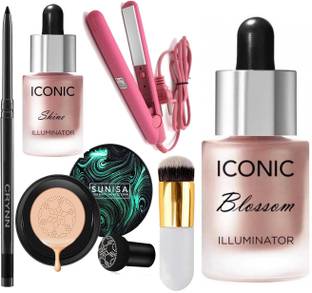 Crynn Kajal & Pro Ultra Saloon Professional Hair Straightener & Air Cushion foundation & Iconic Shine Illuminator Highlighter & Round Professional Makeup Brush & Iconic Professional Blossom Illuminator Highlighter