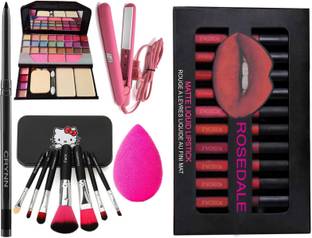 Crynn Smudge Proof Kajal & Pro Ultra Saloon Professional Hair Straightener & 6155 Makeup & Eyeshadow Kit & Professional Set of 7 Makeup Brush & Beauty Blender Sponge Puff & Catsuit Enrich 12 Liquid Matte Lipsticks