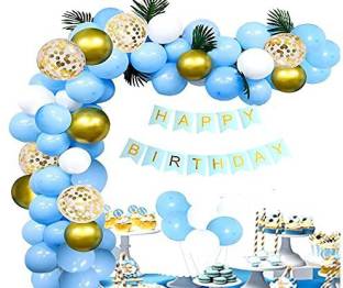 SV Traders Happy Birthday Decoration Blue Theme Combo Kit Of 57 Pcs-Blue Bunting Banner(13)+Golden Confetti Balloons(4)+Balloons Pastel Blue(30)+Golden(5)+White(5)
