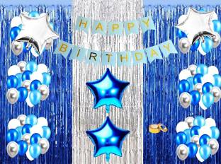 SV Traders Blue Theme Happy Birthday Decoration Combo Of 51 Pcs-Blue Bunting Banner(13)+Foil Curtain Dark Blue(2)+Silver(1)+Foil Stars 18 Inches(Blue 2+Silver 2)+Metallic HD Balloons (Blue 15+Silver 15)+Balloon Curling Ribbon (1)