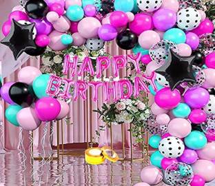 SV Traders Solid Happy Birthday Decoration Rainbow/Pink/Unicorn/Mermaid/Barbie Theme Combo Kit Of 106 Pcs-Pink Foil HBD(13)+Black Foil Star 18 Inches(2)+Pink Confetti Balloons(5)+Pastel Balloons Pink(40)+Mint(15)+Purple(20)+Black(10)+Balloon Curling Ribbon (1) Letter Balloon