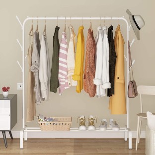 JURMERRY Metal Coat Rail Pipe Hanging Clothes Rail Heavy Duty Storage Shelf 2-Tier Metal with Home Office Indoor White 