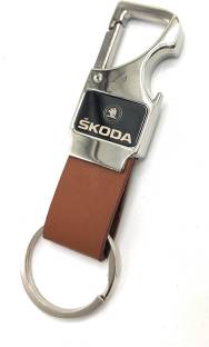 jdp Skoda Cars Metal Leather Opner Key chain. Brown Color. Key Chain